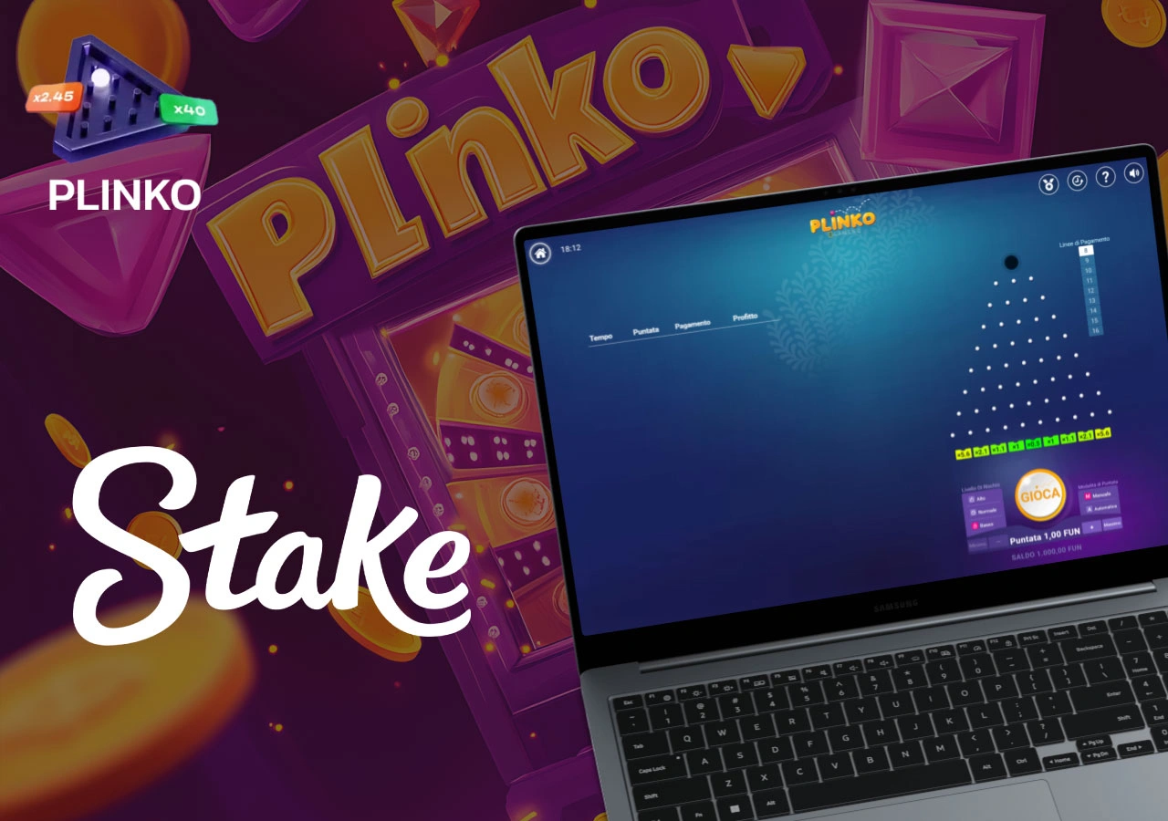Interfaccia del gioco Plinko su Stake mostrata su laptop con sfondo vivace e monete d’oro fluttuanti.